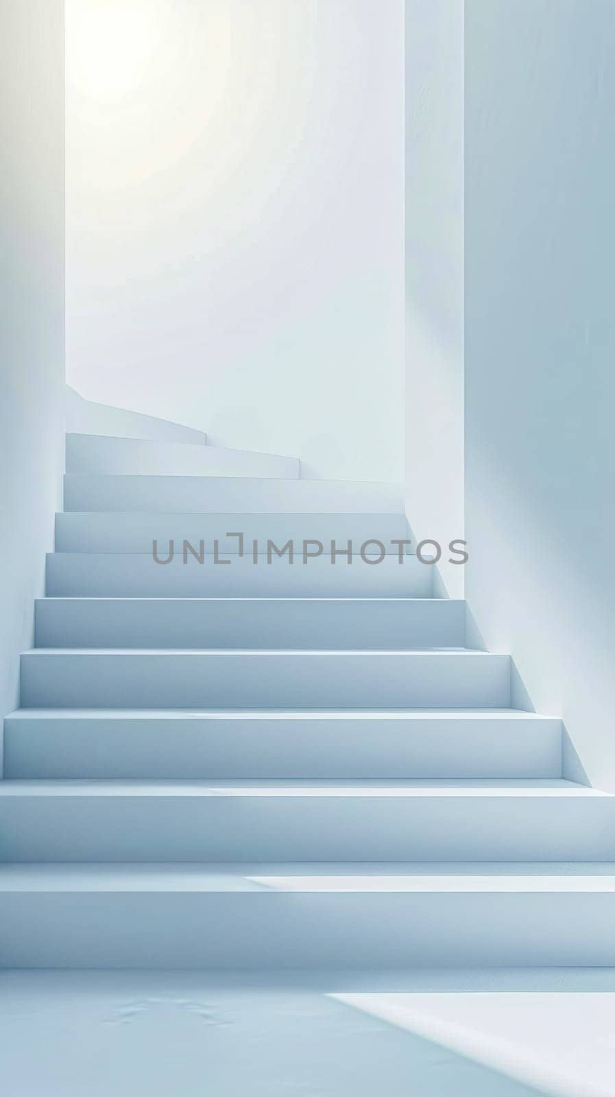 white staircase ascending towards a bright light, symbolizing progress, growth, and the journey towards self-development or enlightenment by Edophoto