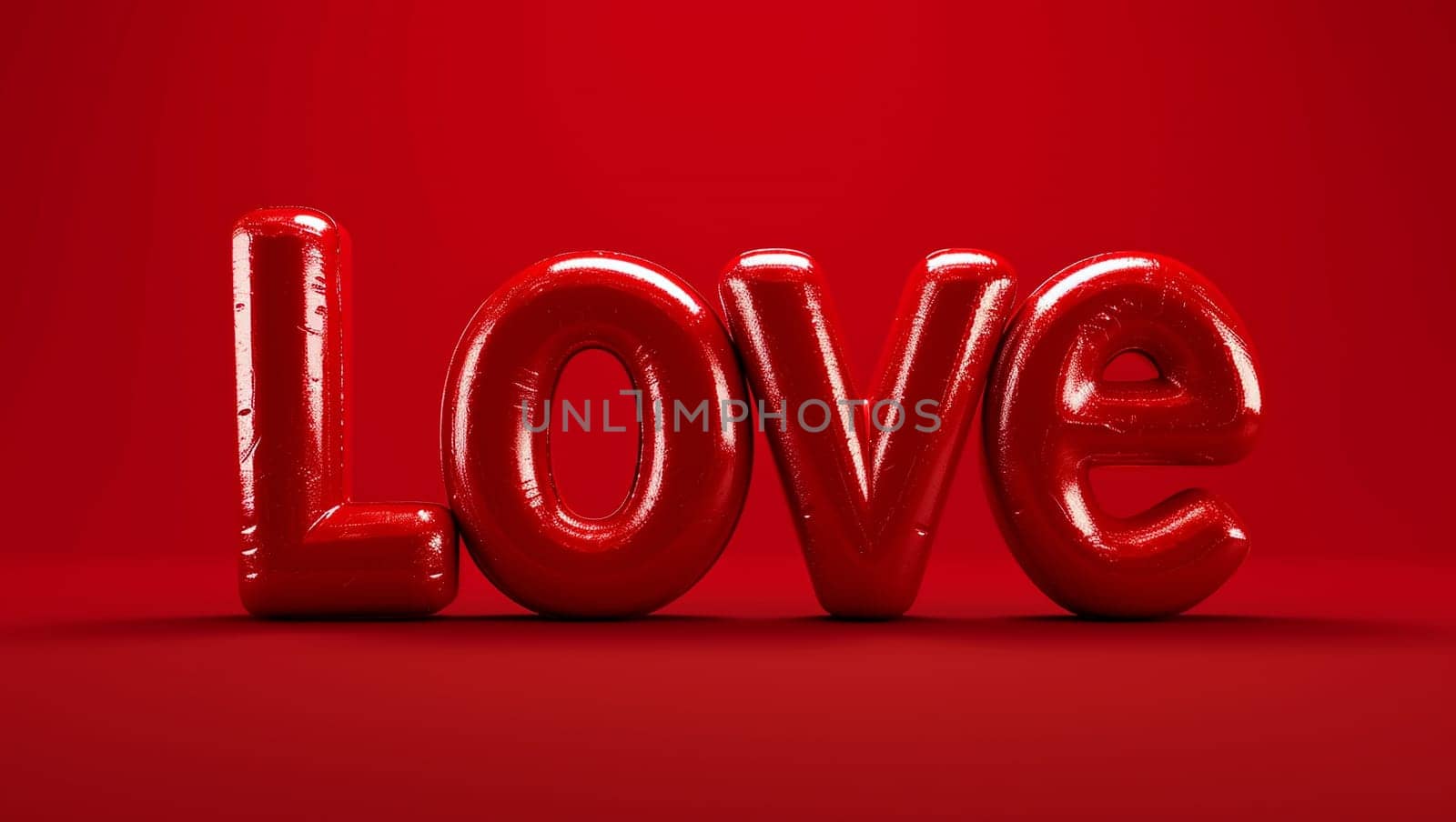 The word Love in red on a red background. Balloons are displayed in a row. Valentine's Day. 3D rendering, computer graphics. High quality photo