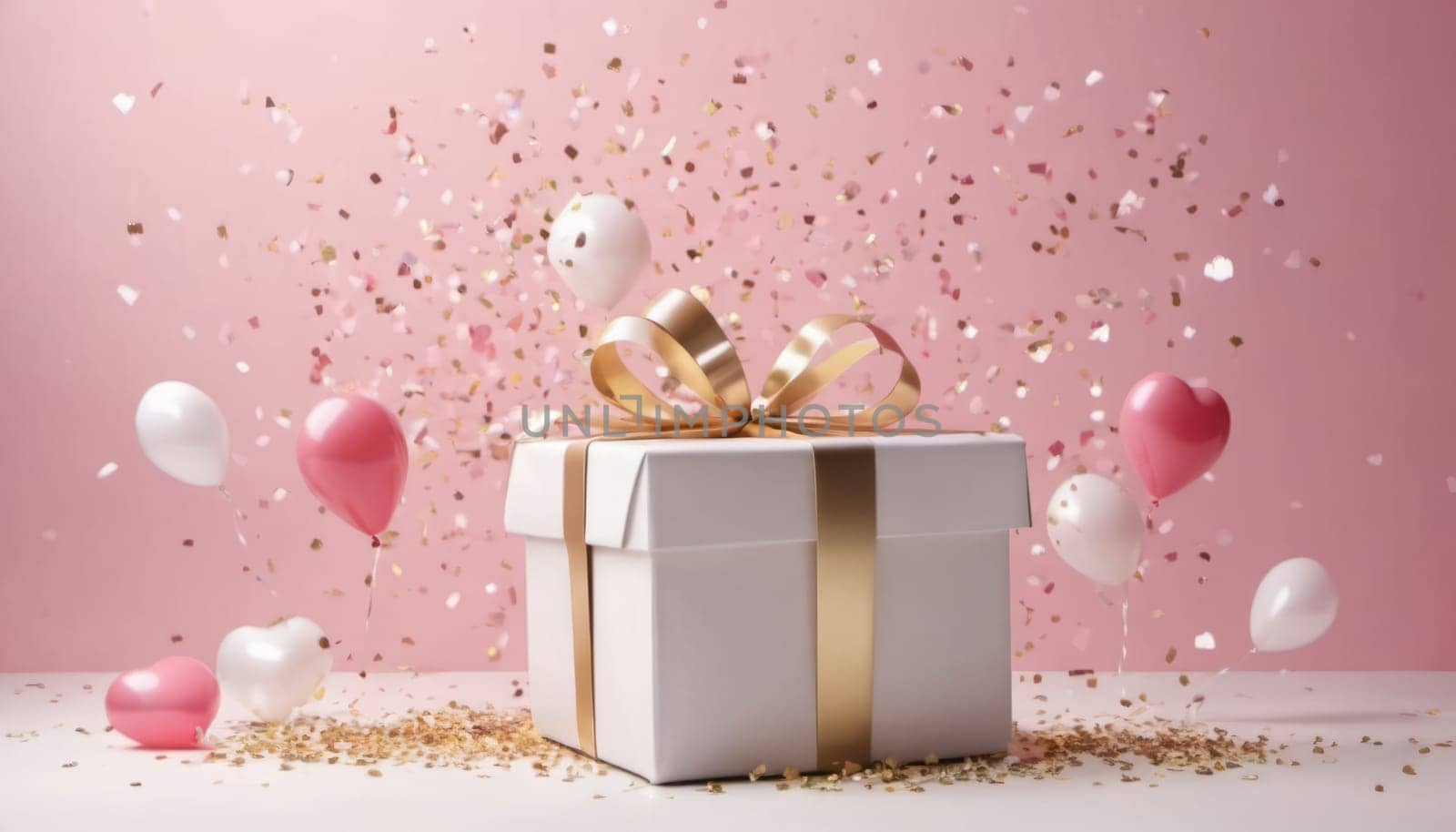 Happy valentines day decoration with gift boxes, heart shape white, pink and gold colored balloons, C olorful confetti is falling, blurred light pink background, 3D rendering illustration