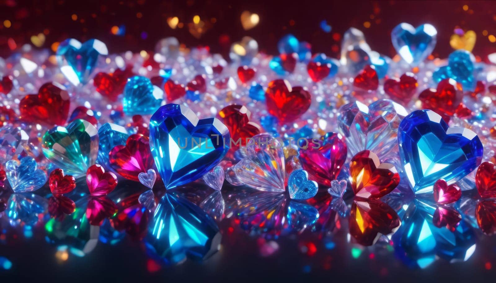 crystal's, translucent, transparent, close-up with deep depth of field Valentine's realistic detailed background, different little ones sizes hearts, transparent colors of the rainbow hearts, against a transparent scattering crystals, falling crystals, highlights, glints, reflections off glass