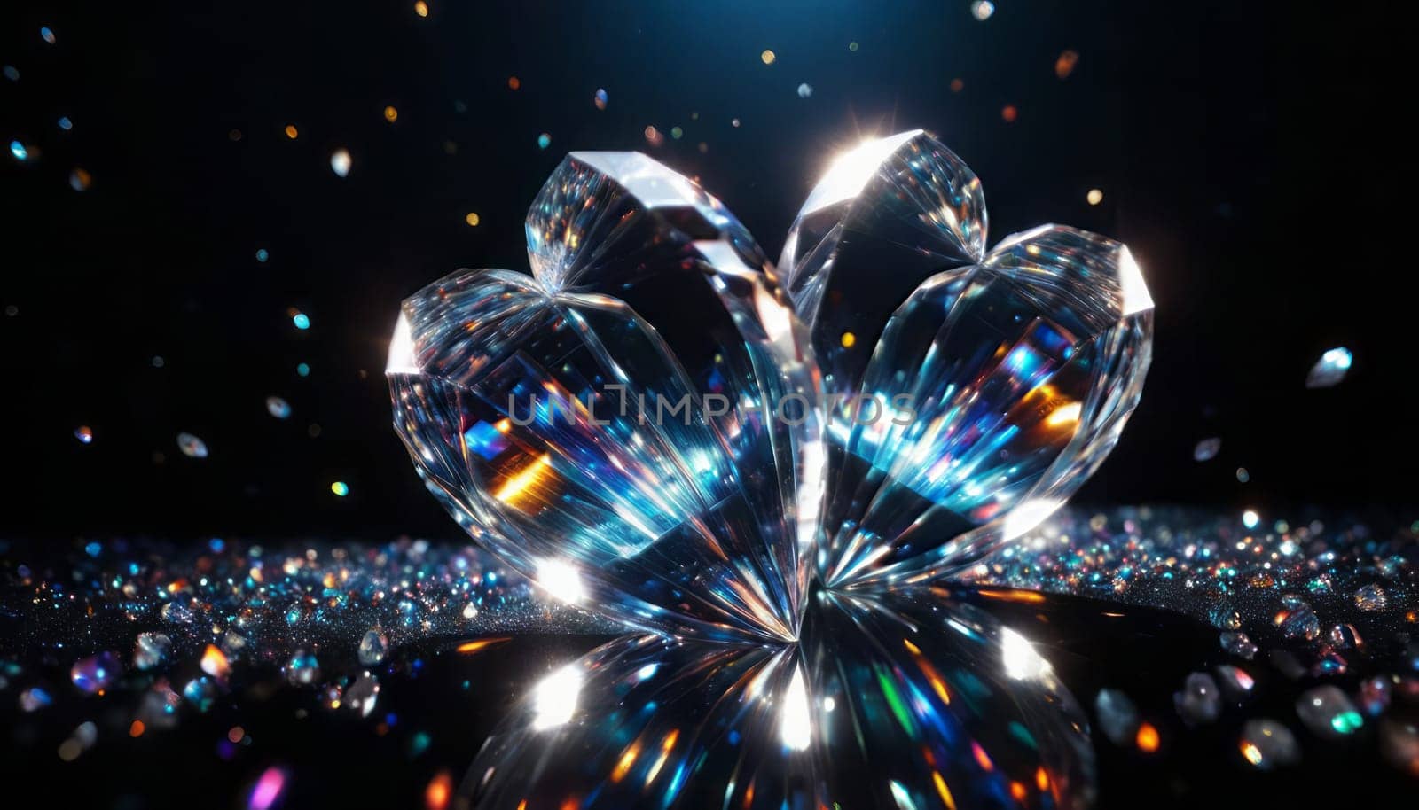 two diamond faceted hearts, crystal's, translucent, transparent, close-up with deep depth of field Valentine's realistic two hearts detailed background, transparent colors of the rainbow hearts, against a transparent scattering crystals, falling crystals, glints in the foreground