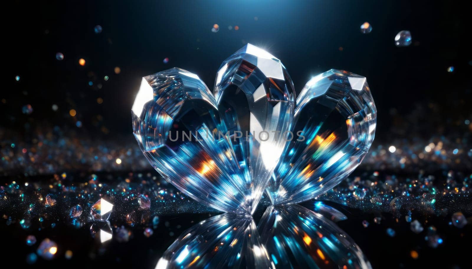 two heart shaped blue diamonds, crystal's, translucent, transparent, close-up with deep depth of field Valentine's realistic two heart shaped blue diamonds background, transparent colors of the rainbow hearts, against a transparent scattering crystals, falling crystals, glints in the foreground