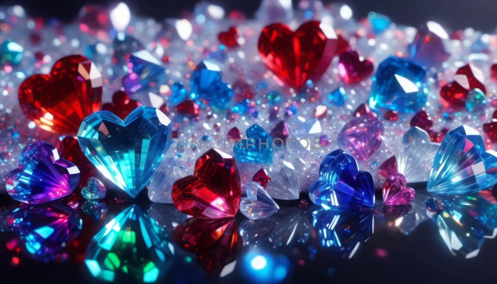 crystal's, translucent, transparent, close-up with deep depth of field Valentine's realistic detailed Light background, different little ones sizes hearts, transparent colors of the rainbow hearts, against a transparent scattering crystals, falling crystals, highlights, glints, reflections off glass
