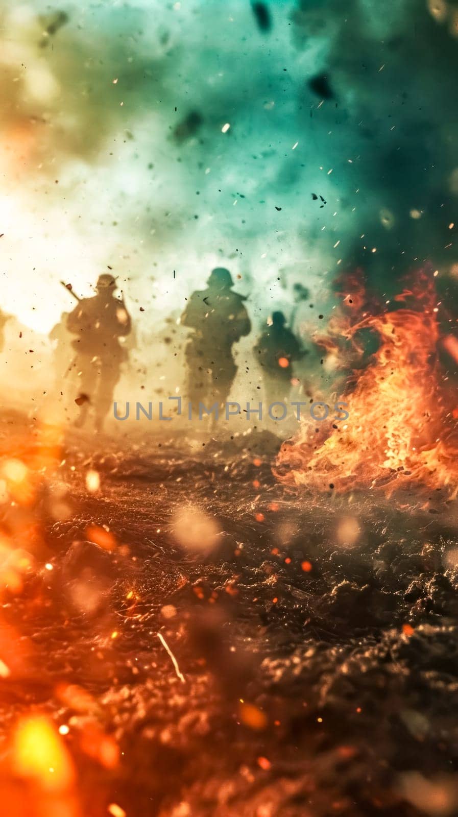 conflict, with figures that could be interpreted as soldiers moving through an environment that appears chaotic and engulfed in flames. The blur and fiery elements suggest movement, turmoil, war zone by Edophoto