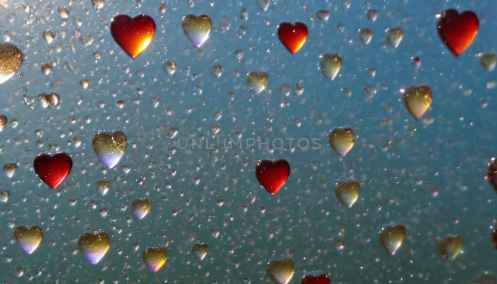 realistic detailed, abstract with a deep depth of field of different little ones sizes glass raindrops on glass in the shape of a heart, transparent colors of the rainbow glass hearts on abstract glass transparent background in perspective, lens flare, glints, translucent, transparent