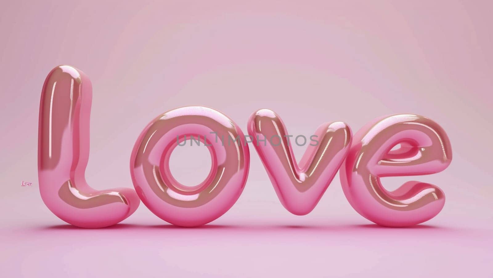 The word Love in red on a red background. Balloons are displayed in a row. Valentine's Day. 3D rendering, computer graphics. High quality photo