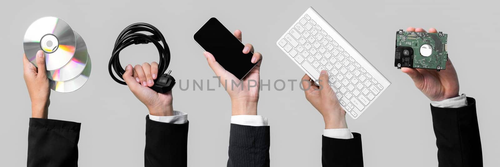 Panoramic banner hand holding electronic waste on isolated background. Eco-business recycle waste policy in corporate responsibility. Reuse, reduce and recycle for sustainability environment. Quaint