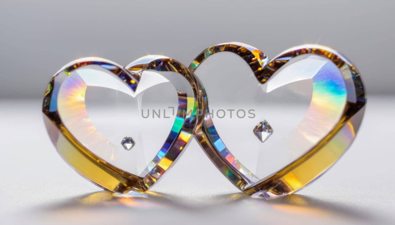 crystal's, translucent, transparent, close-up with a deep depth of field, two yellow hearts on abstract without horizontal line white background with falling crystals, two, yellow, realistic detailed, transparent colors of the rainbow hearts, transparent scattering crystals, lens flare, glints
