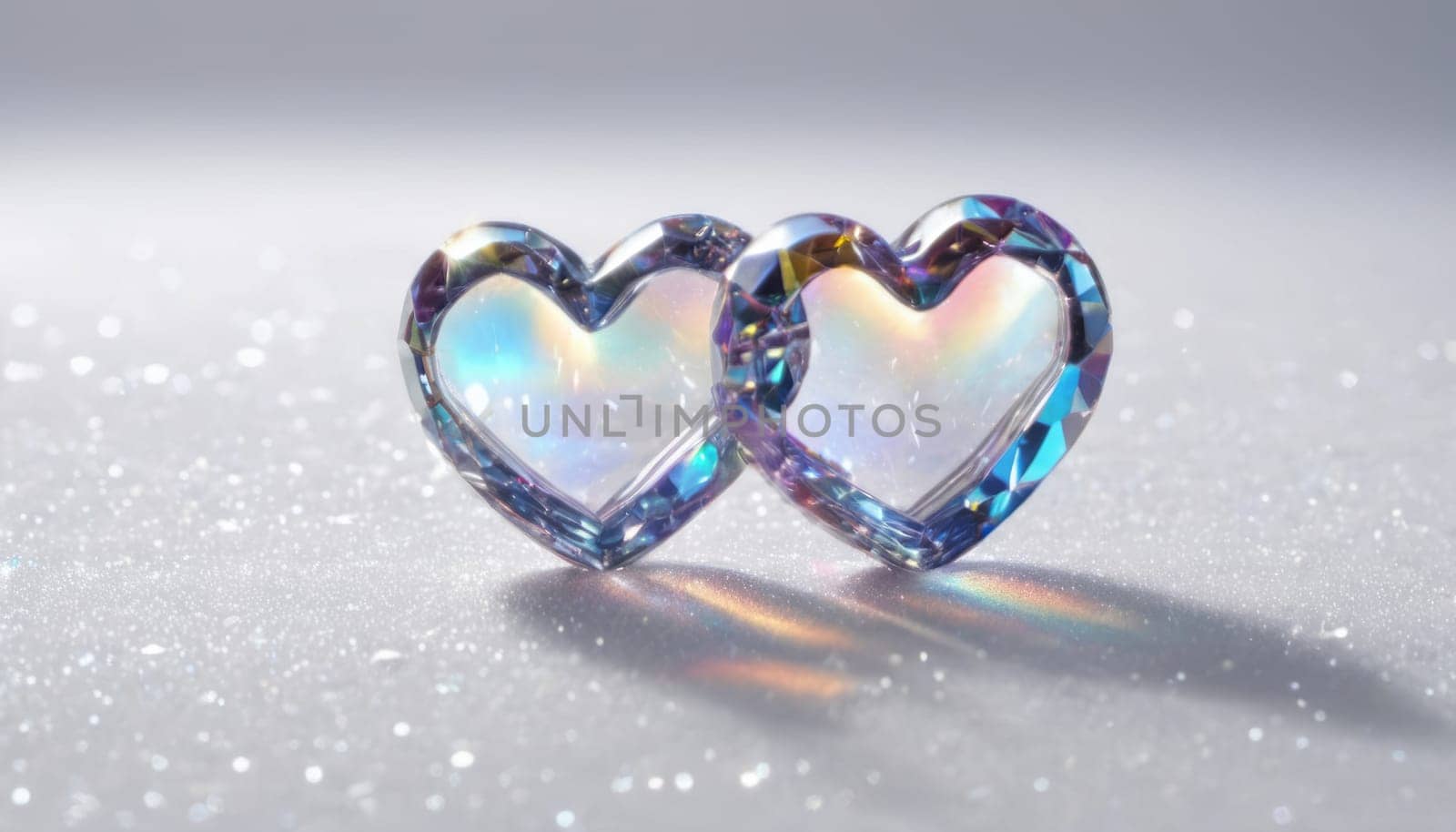 crystal's, translucent, transparent, close-up with a deep depth of field, Two hearts on abstract white background with falling crystals in the shape of a heart, realistic detailed, transparent colors of the rainbow hearts, transparent scattering crystals,lens flare, glints