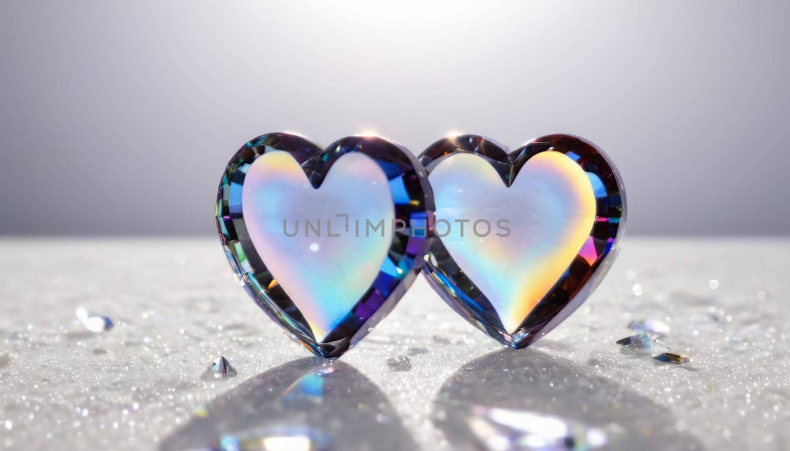 crystal's, translucent, transparent, close-up with a deep depth of field, Two hearts on abstract white background with falling crystals in the shape of a heart, realistic detailed, transparent colors of the rainbow hearts, transparent scattering crystals,lens flare, glints