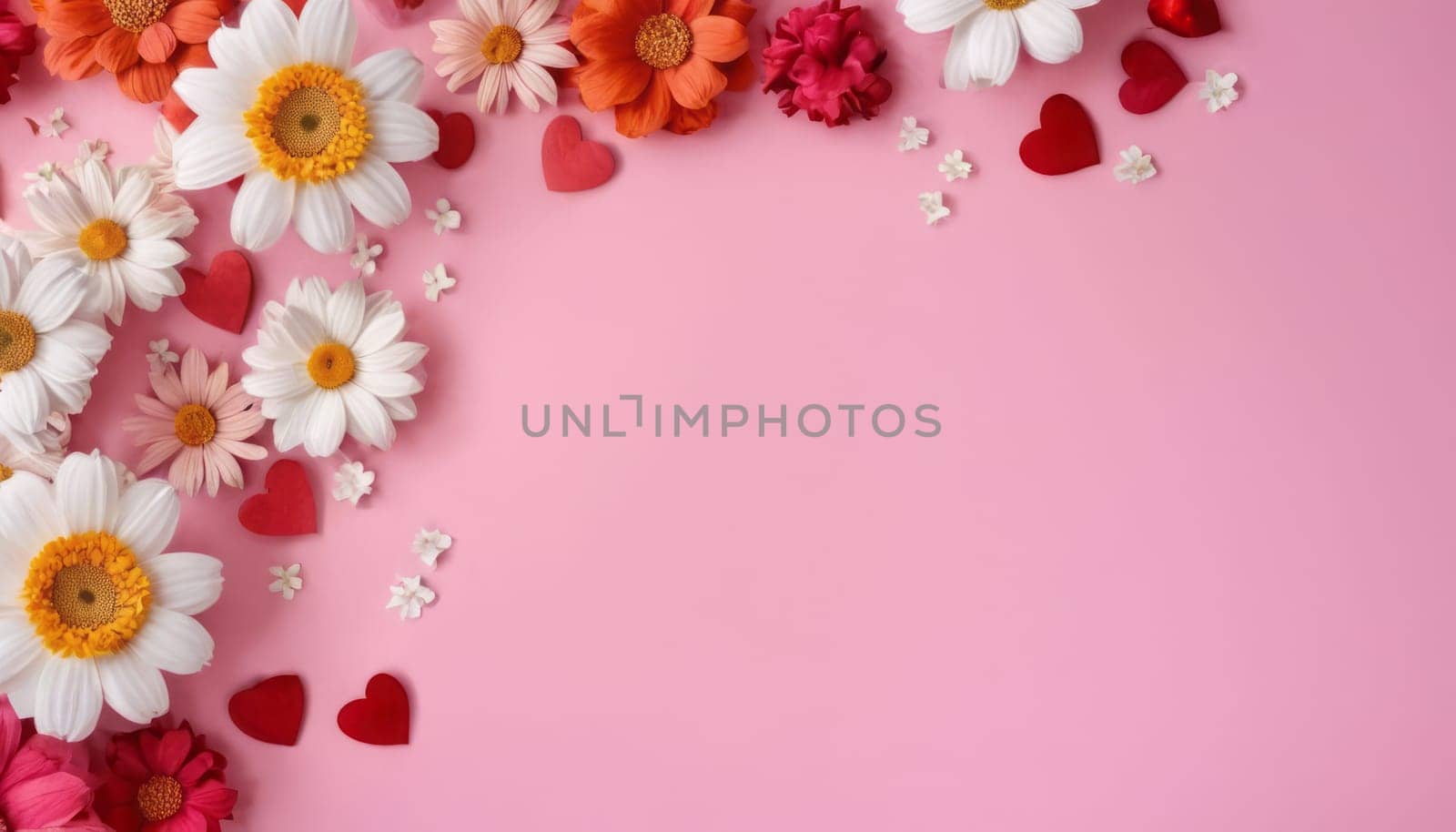 A wonderful festive background for Valentine's day, signature on background ,flower, white flower, pink flower,leaf,white background,simple background,daisy,blue flower,realistic,orange flower