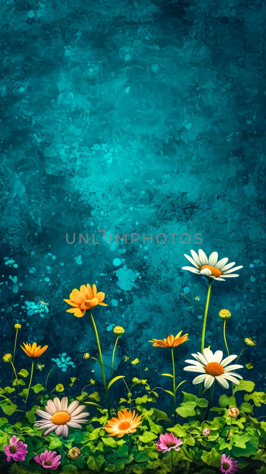 artistic depiction of spring with a textured teal background and a variety of blooming flowers in the foreground by Edophoto