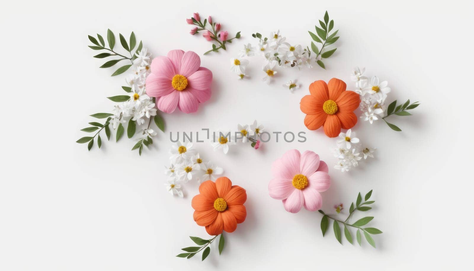 White and Pink Flowers with Green Leaf by nkotlyar