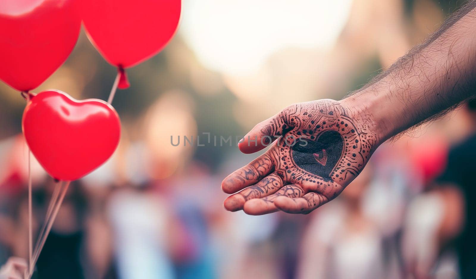 Cropped Indian Man Buys Red Balloons in Shape of Heart For Woman on St. Valentine's Day in Street. Male Hand with Mehndi Tattoo. Feast of Saint Valentine on February, 14 AI Generated Horizontal Plane.