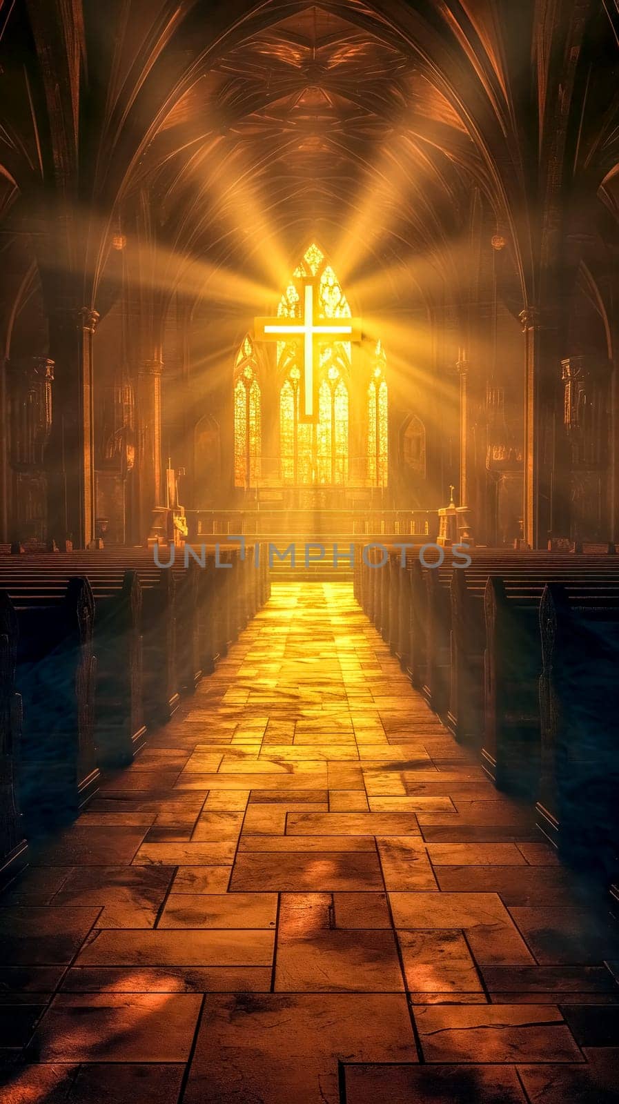 beautifully lit interior of a church with sunlight streaming through stained glass windows onto a cross and the aisle, creating a warm, ethereal atmosphere by Edophoto