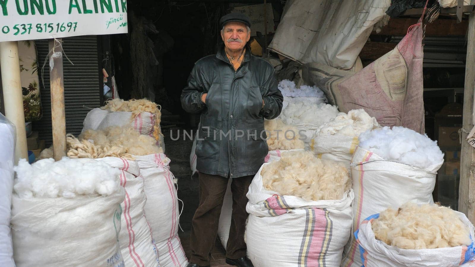 Sheep wool seller on the street of the old part of Ankara