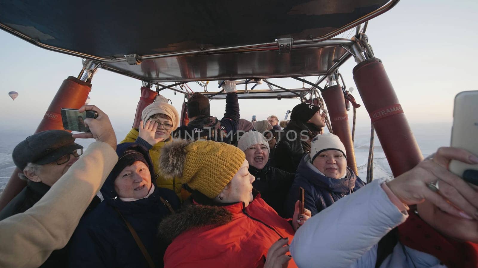 Russian tourists in a balloon in Cappadocia. Turkey.