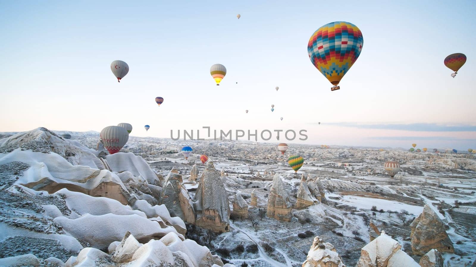 Color balloons in the sunrise sky. Cappadocia, Turkey