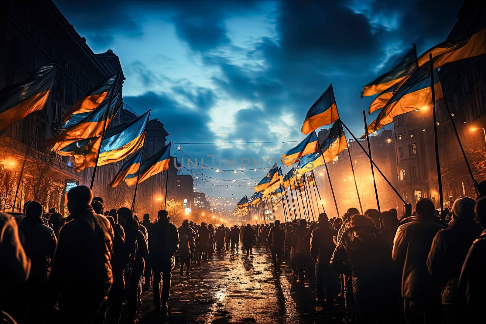 People waving Ukrainian flags at a rally for peace. A stock photo symbolizing solidarity and the collective call for an end to conflict
