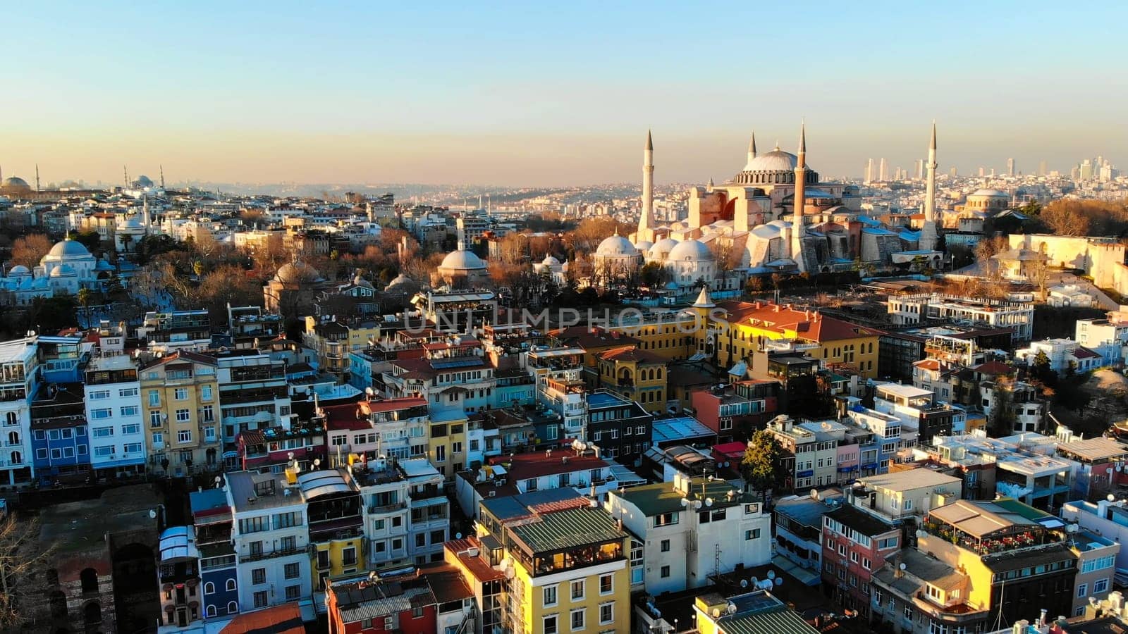 Evening aerial panorama of Istanbul overlooking Hagia Sophia