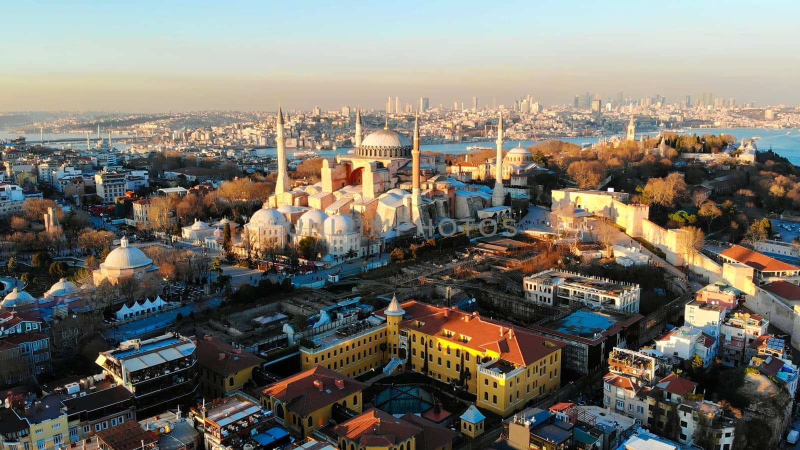 Evening aerial panorama of Istanbul overlooking Hagia Sophia by DovidPro