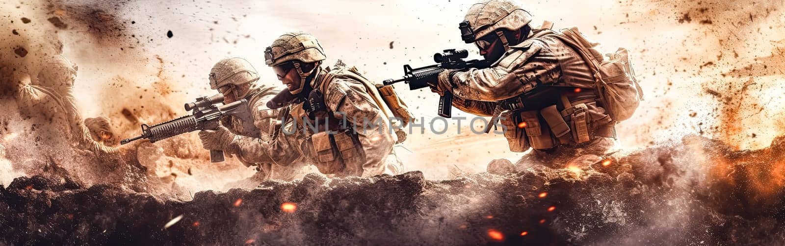 Soldiers in dynamic action on the battlefield, surrounded by explosions, embodying strength and courage