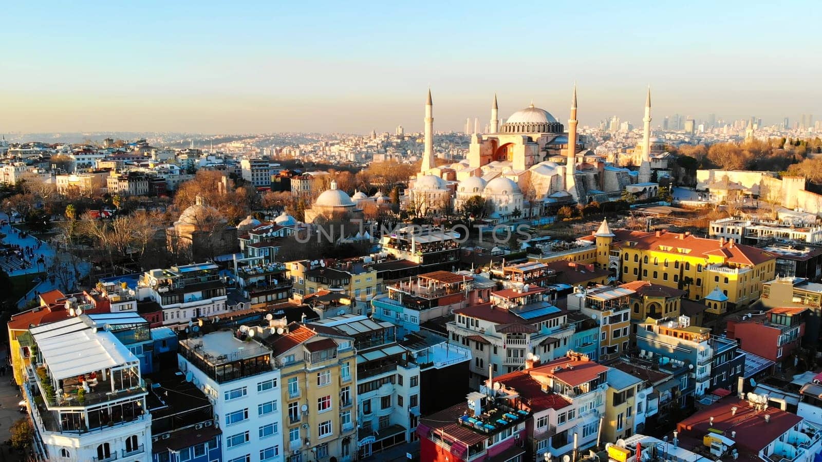 Evening aerial panorama of Istanbul overlooking Hagia Sophia and the Blue Mosque