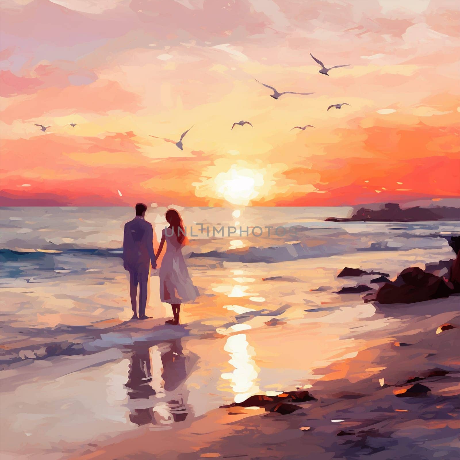 Serene Beach at Sunrise with a Couple Exchanging Vows by Sahin