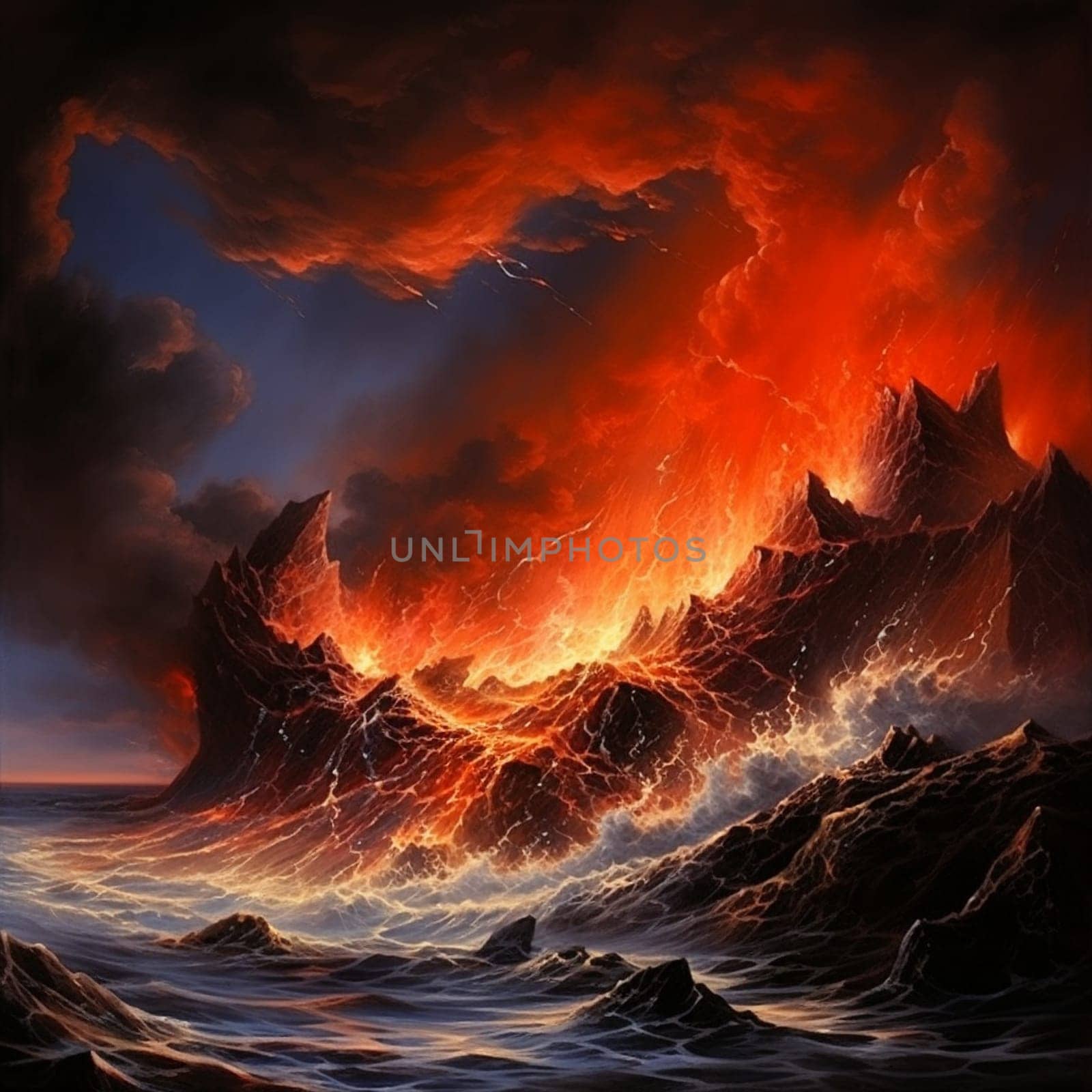 Feel the intense power and unstoppable force of a volcanic eruption with this captivating artwork titled 'Eruption's Torrent'. This art piece captures the raw energy and destruction unleashed during volcanic eruptions. Experience the chaos and beauty of nature as molten lava bursts forth from the Earth's core, engulfing the surroundings in a fiery torrent.