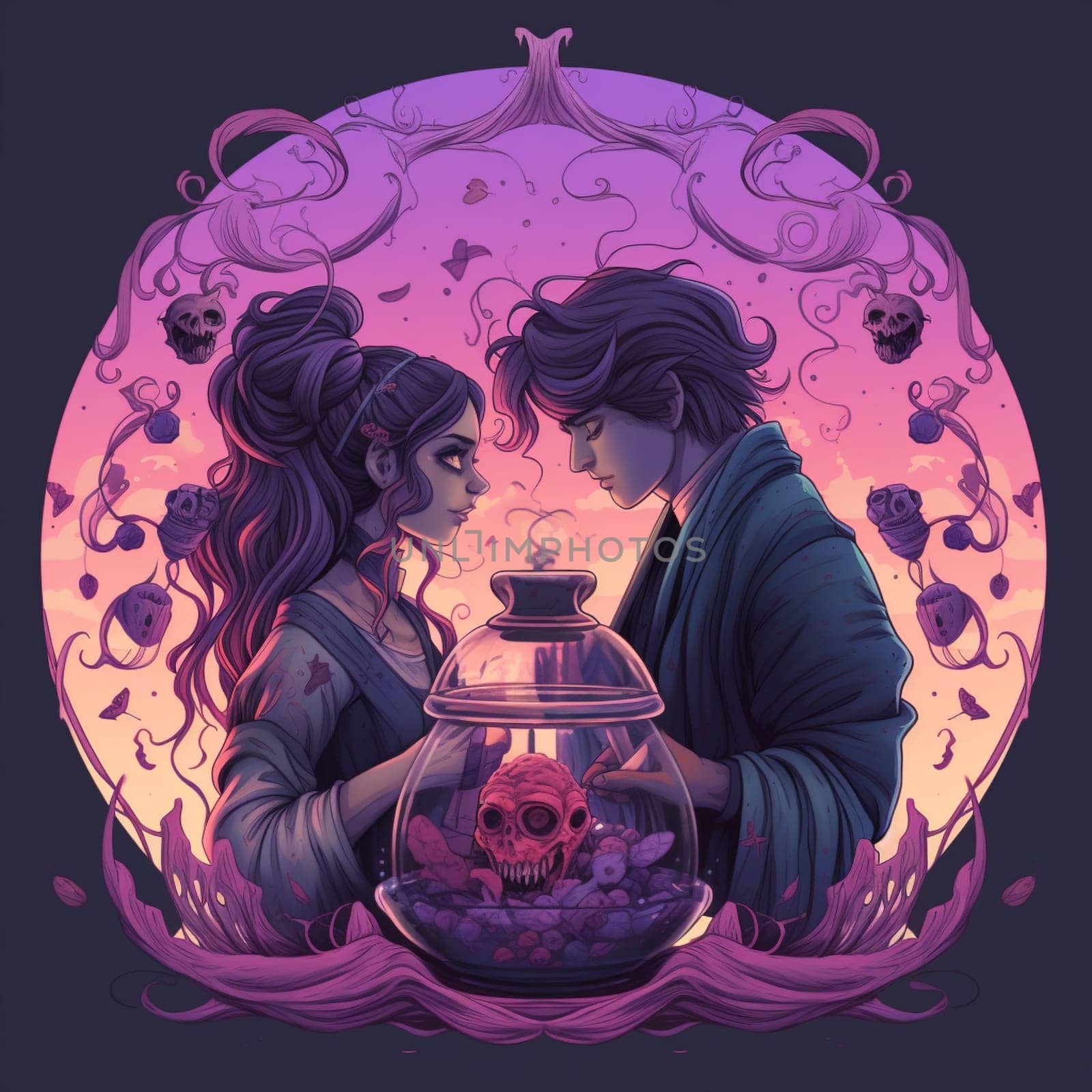 Step into a vibrant, whimsical world with this illustration depicting the concept of 'Harmony's Elixir: Vows Blended in a Potion of Eternal Love'. In this fantastical scene, a couple stands beside a bubbling cauldron, each holding a vial filled with colorful liquids symbolizing their individual vows. As they pour their respective potions into the cauldron, the elixir transforms into a vibrant and harmonious blend, radiating with love and enchantment. The image captures the joy and anticipation reflected on their faces as they witness the transformative power of their vows mixed together, symbolizing their everlasting bond. Let this artwork captivate you with its enchanting portrayal of the magic and promise of uniting souls through marriage.
