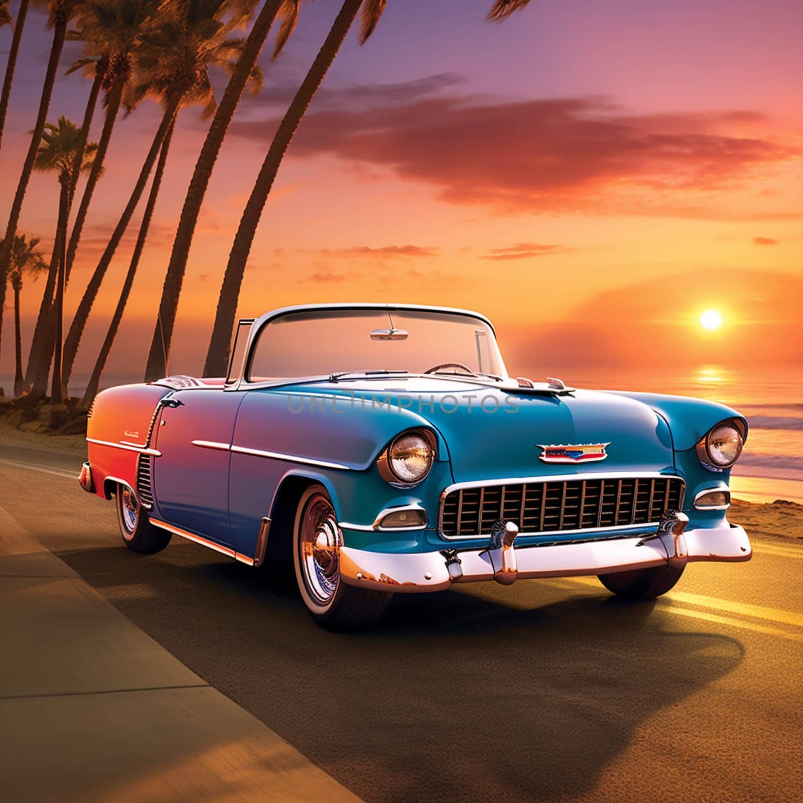 Step into the enchanting era of classic automobiles with this captivating image titled 'The Golden Era: Admiring Vintage Cars'. Transport yourself to a timeless scene that pays homage to the undeniable allure of vintage cars. Marvel at a meticulously restored 1950s convertible effortlessly gliding along a scenic coastal road against a picturesque sunset backdrop. The vibrant hues of the summer sky seamlessly blend with the gleaming exterior of the car, exuding an air of nostalgia and adventure. Witness a couple, elegantly dressed in vintage attire, enjoying a romantic drive along the coast, their smiles reflecting the carefree spirit of the era. This image embraces the aesthetic of the golden age of vintage cars, inviting viewers to experience an era brimming with elegance, style, and the joy of open-road exploration.