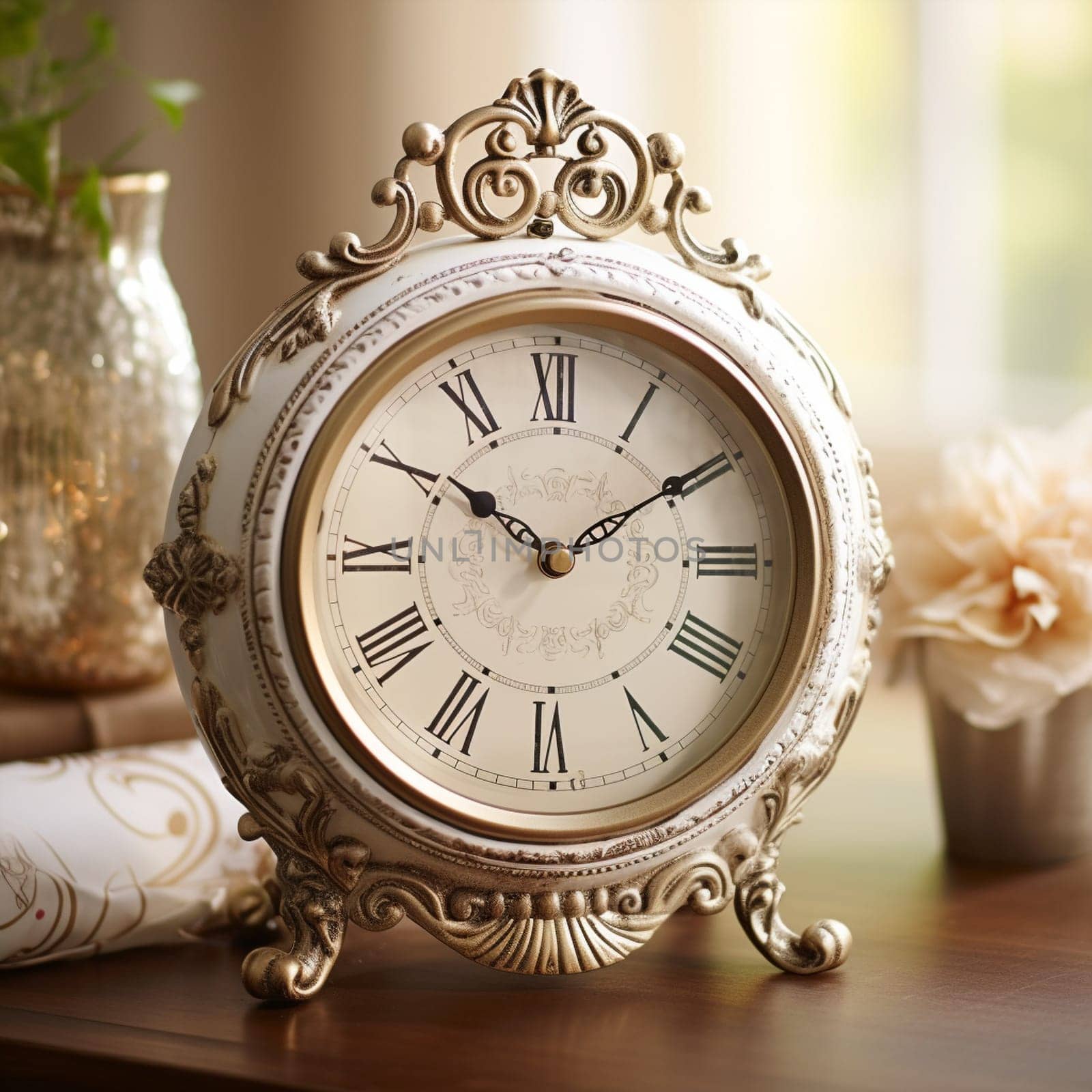 Step back in time with this vintage-inspired clock that exudes timeless elegance. Crafted with intricate details, this timepiece showcases ornate engravings, delicate filigree work, and antique finishing. The classic charm of the clock is emphasized through the incorporation of Roman numerals, dainty clock hands, and a subtle backdrop that hints at the passage of time. The overall composition exudes sophistication and evokes nostalgia, emulating the aesthetics of vintage engravings. The rich textures and subdued color palette add to the vintage appeal.