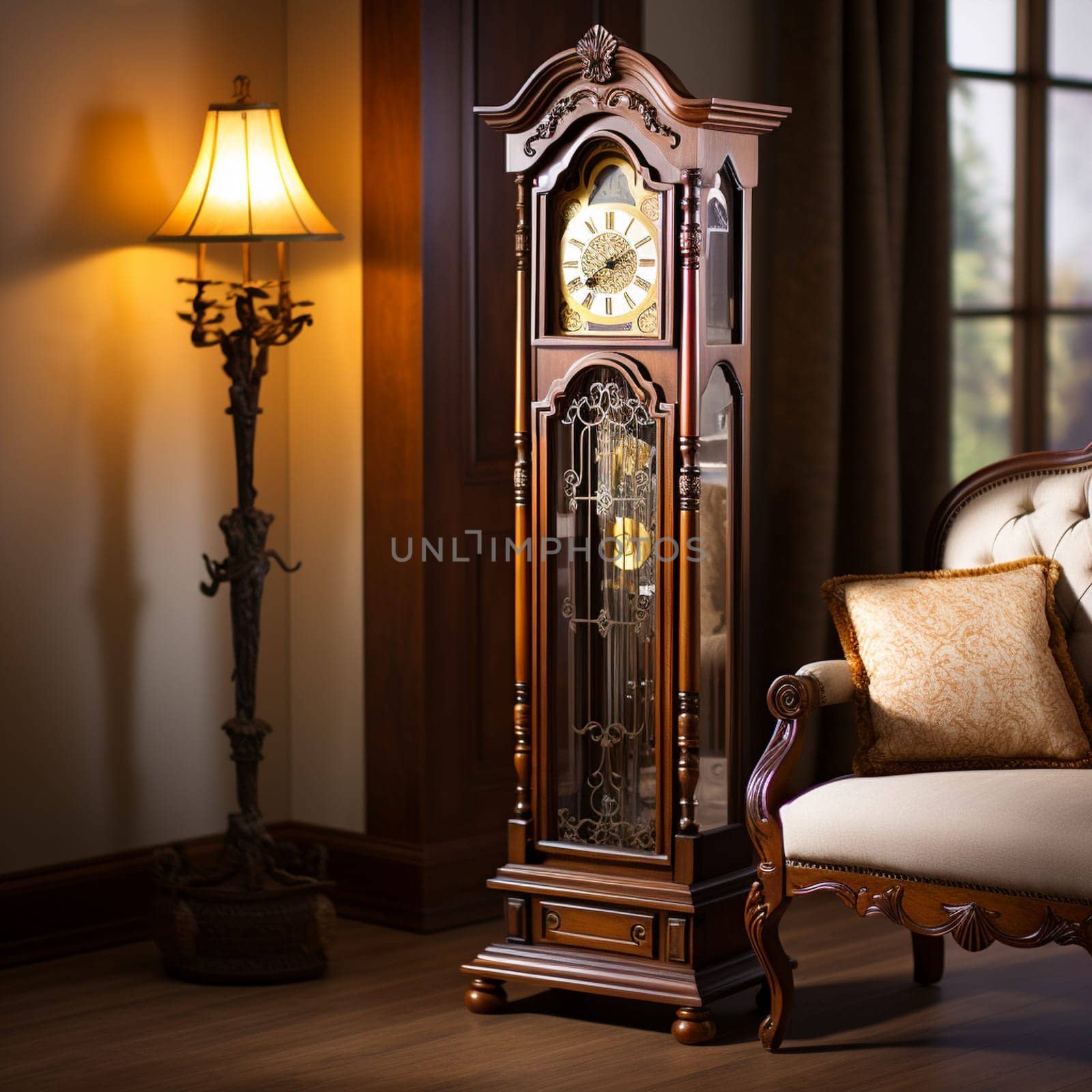 Experience the nostalgia and timeless beauty of vintage clocks with this image. A meticulously crafted antique grandfather clock takes center stage, adorned with intricate woodwork and ornate details. The scene exudes a cozy and serene atmosphere, as soft sunlight filters through the curtains, casting gentle shadows on the clock's face. The ethereal haze envelops the surroundings, evoking cherished memories and the passage of time. Subtle floral elements add a whimsical and elegant touch, infusing the image with a sense of romance. The aged texture and unique character of the clock, including its patina and small imperfections, contribute to its overall charm.