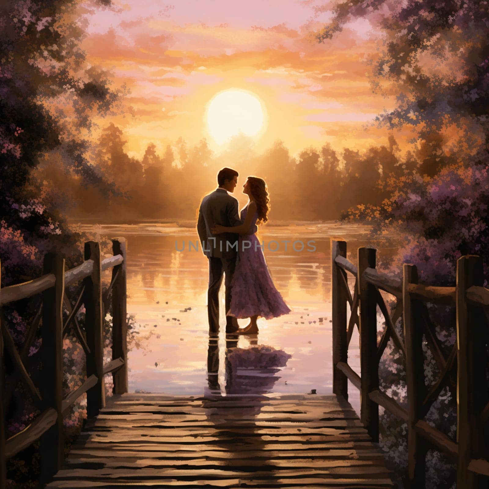 Serene scene on a rustic bridge at sunset, with exchanging vows by Sahin