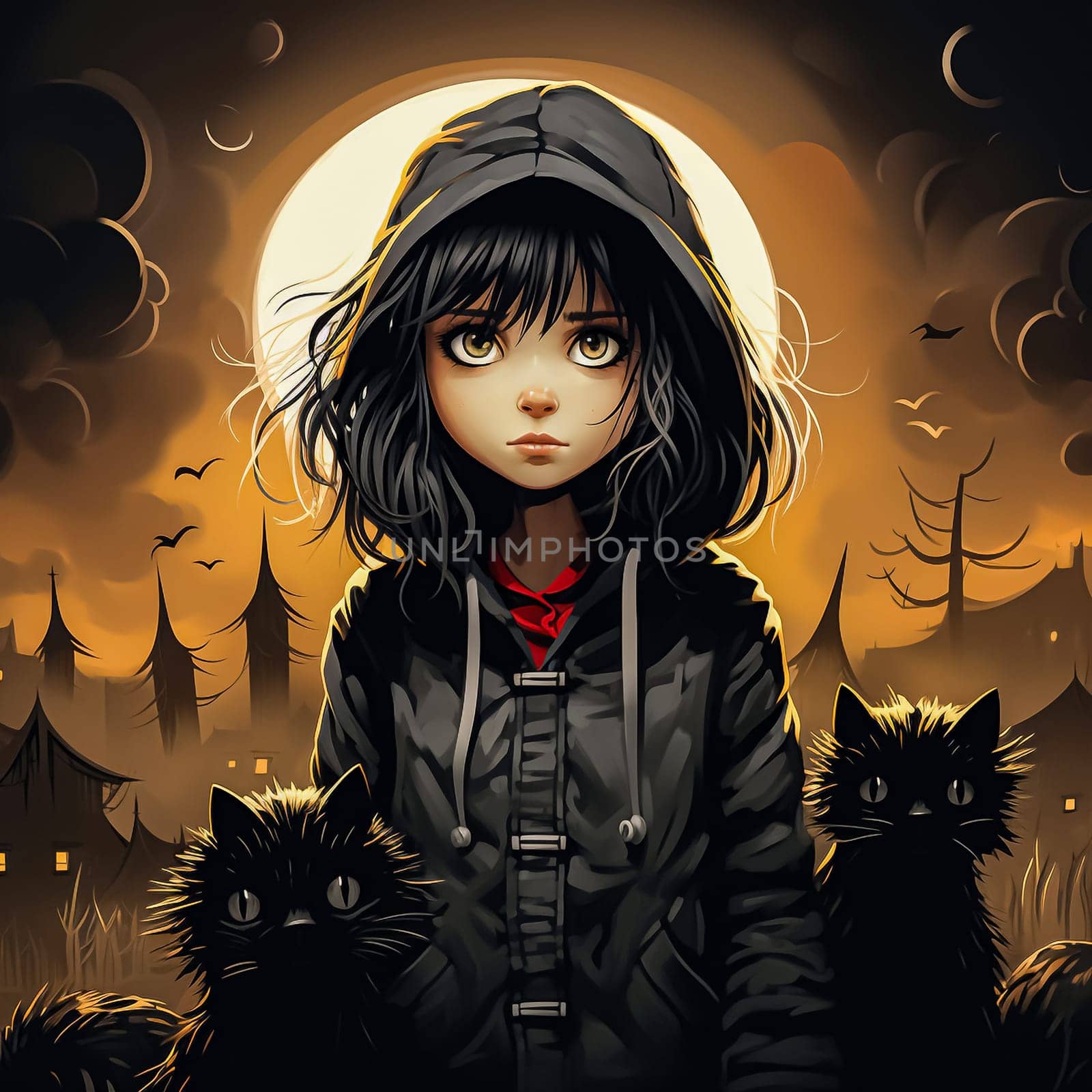 Girl with black hair, surrounded by cats dark, Halloween themed illustration