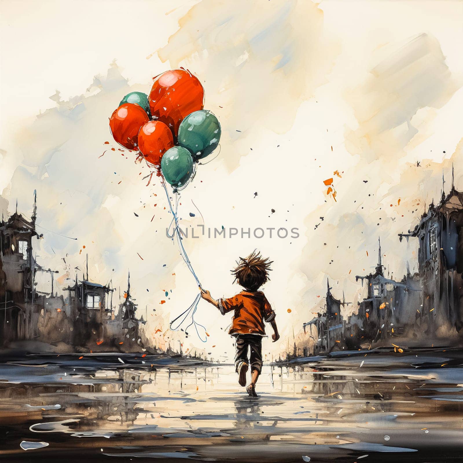 Small child holds many watercolor balloons delightful and cheerful illustration