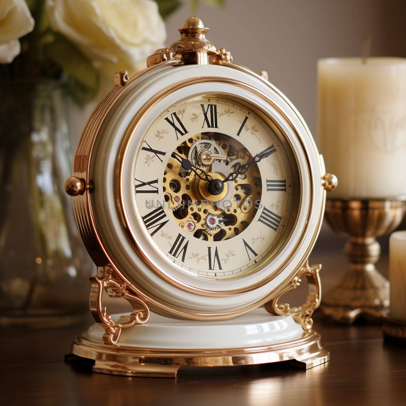 Get lost in the allure of time with this image depicting an elegant, vintage clock with intricate details and a mesmerizing mechanism. The focus of the image is on the delicate hands of the clock, showcasing their intricate movements and the artistry that went into their design. The clock is set in a beautifully ornate setting, evoking a sense of nostalgia and transporting viewers back to a bygone era. This image strikes a perfect balance between artistic aesthetics and functional precision, captivating viewers with the timeless beauty of vintage clocks' craftsmanship.