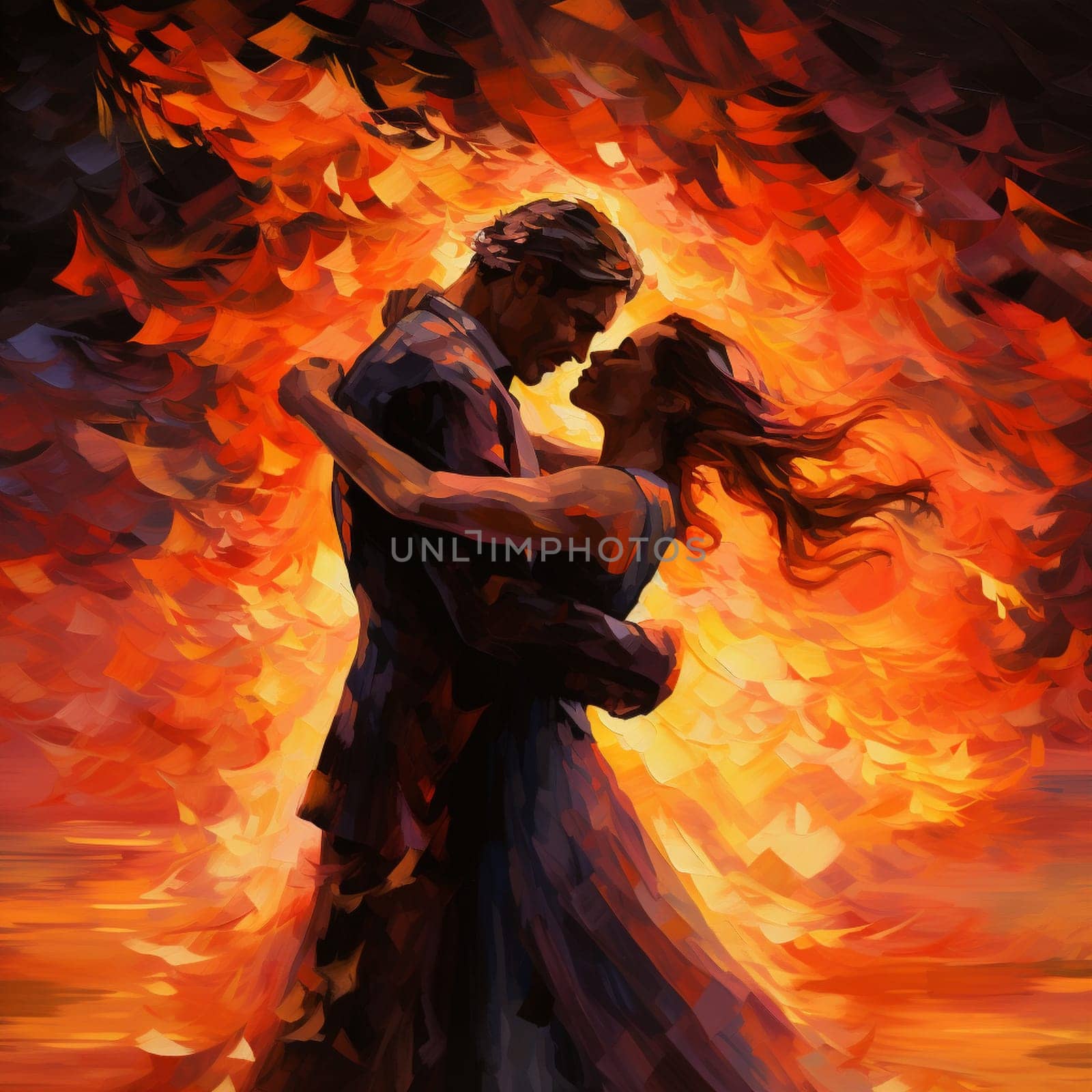 Experience the blazing intensity of love with this vibrant and dynamic artwork, titled 'Hearts Ablaze: Vows Illuminated by Fiery Passion'. In this captivating image, two figures exchange passionate vows amidst a blazing fire, symbolizing the raw and fervent emotions they share. The flames dance around the couple, representing the passion and heat of their love. The artwork conveys the transformative power of vows, capturing the electrifying atmosphere of this deeply emotional moment. The vibrant colors and dynamic art style create a visually striking scene that evokes a strong reaction from viewers, immersing them in the warmth and energy of the moment.
