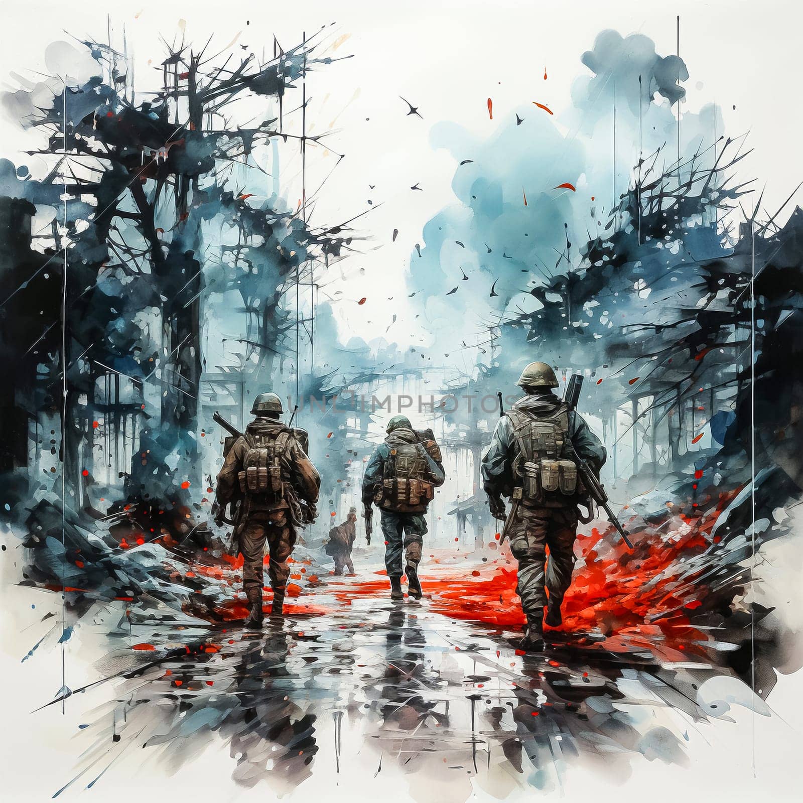 Soldiers amid red gray watercolor splashes powerful and evocative illustration.