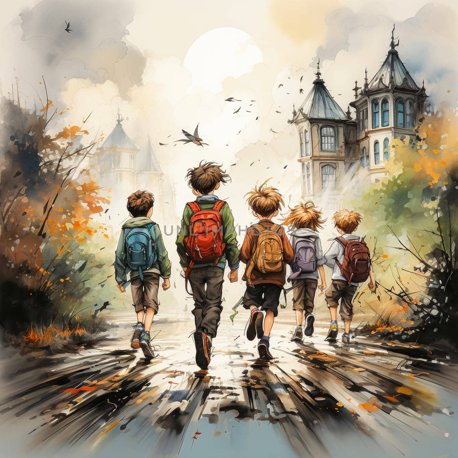 Child returning from school in autumn street landscape. Warm hues capture the essence of a cozy, nostalgic journey