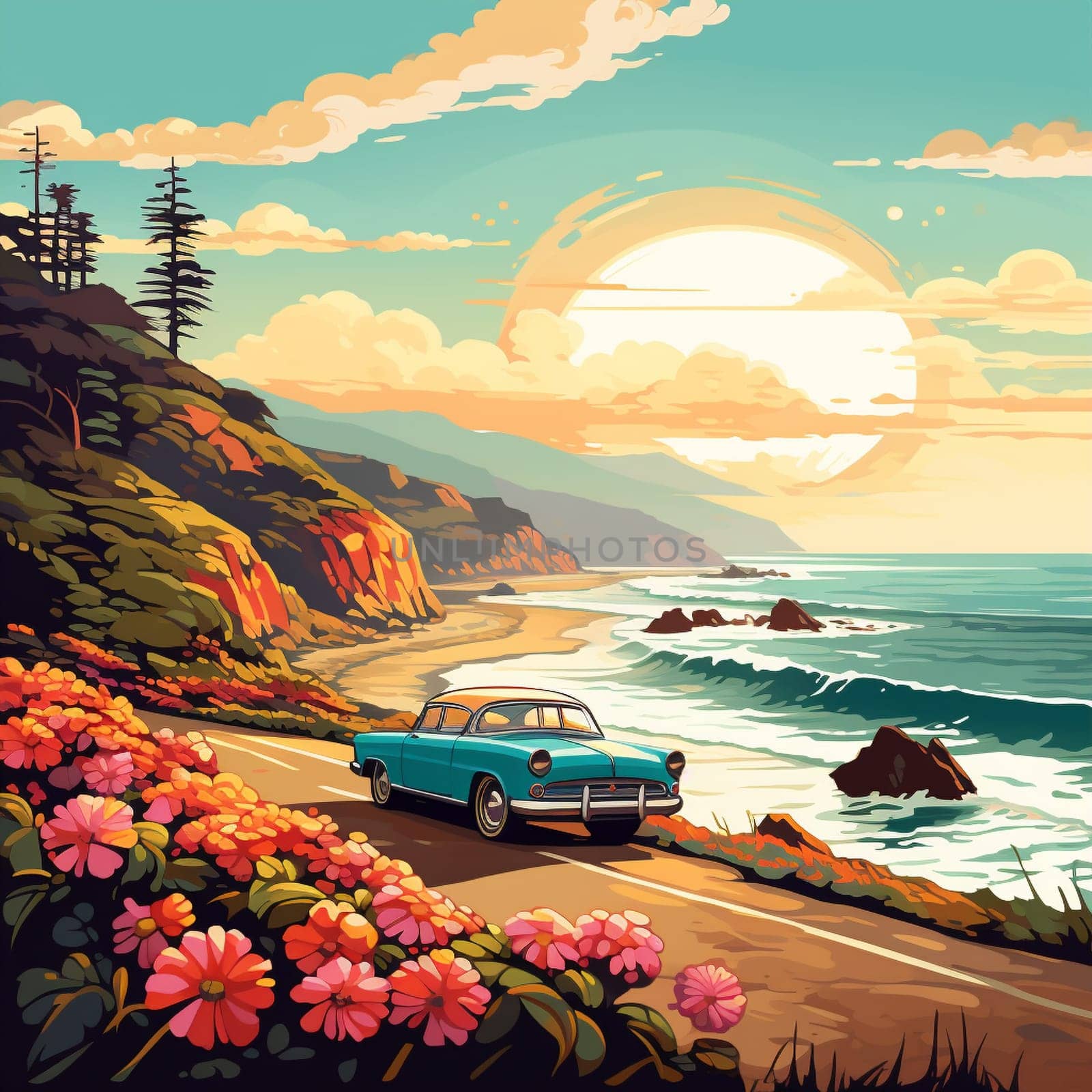 Take a trip back in time with this vibrant image of a vintage car covered in colorful flower decals, cruising down a sunlit coastal road. Reminiscent of retro travel posters from the 1960s, this art style captures the essence of a carefree and adventurous era.