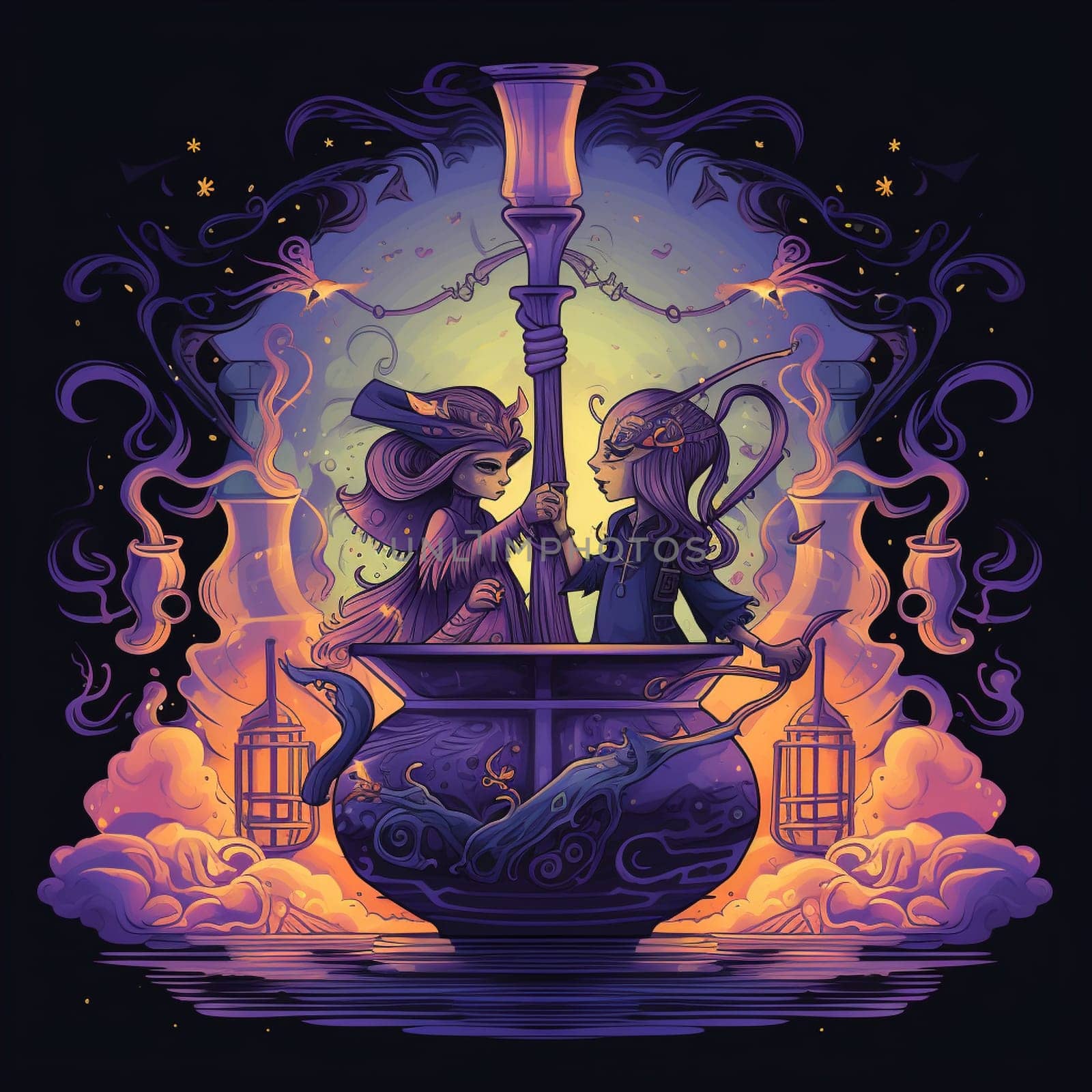 Step into a vibrant, whimsical world with this illustration depicting the concept of 'Harmony's Elixir: Vows Blended in a Potion of Eternal Love'. In this fantastical scene, a couple stands beside a bubbling cauldron, each holding a vial filled with colorful liquids symbolizing their individual vows. As they pour their respective potions into the cauldron, the elixir transforms into a vibrant and harmonious blend, radiating with love and enchantment. The image captures the joy and anticipation reflected on their faces as they witness the transformative power of their vows mixed together, symbolizing their everlasting bond. Let this artwork captivate you with its enchanting portrayal of the magic and promise of uniting souls through marriage.