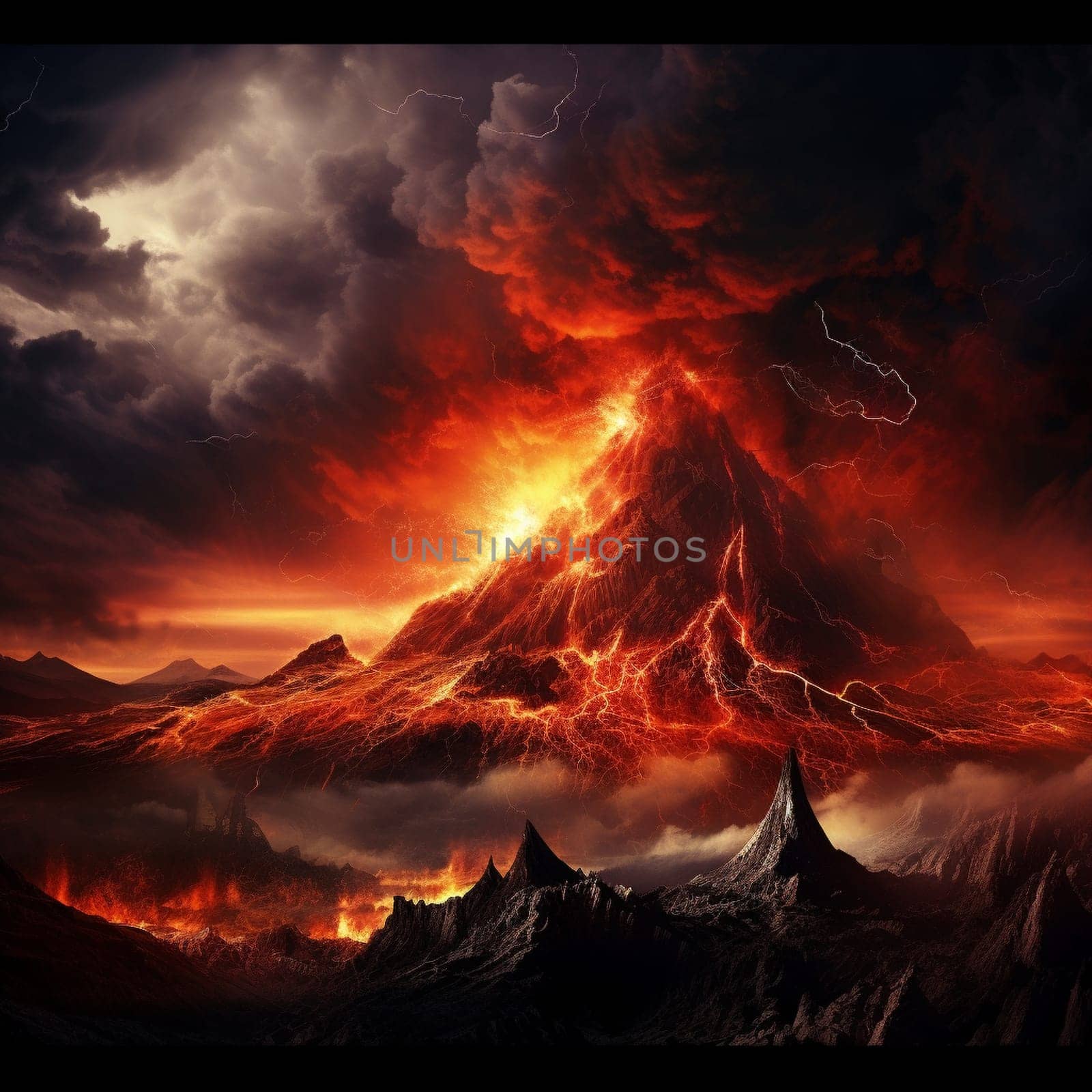 Witness the raw power and captivating beauty of volcanic eruptions in this microstock-friendly art style. The image portrays a fiery volcano erupting with enormous force, unleashing cascades of lava and billowing clouds of ash. The intense inferno and chaotic display of nature's might evoke feelings of awe and danger.