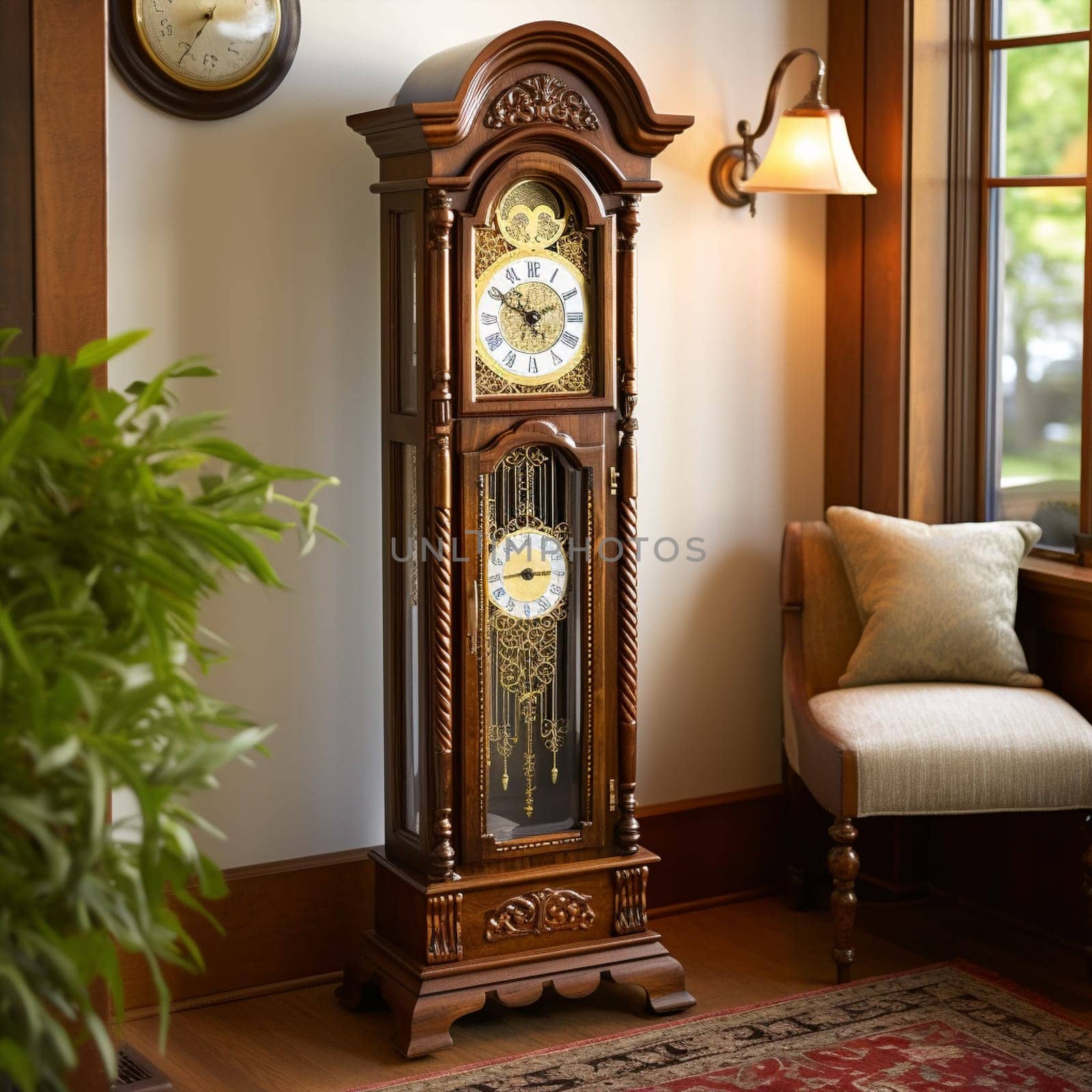 Experience the nostalgia and timeless beauty of vintage clocks with this image. A meticulously crafted antique grandfather clock takes center stage, adorned with intricate woodwork and ornate details. The scene exudes a cozy and serene atmosphere, as soft sunlight filters through the curtains, casting gentle shadows on the clock's face. The ethereal haze envelops the surroundings, evoking cherished memories and the passage of time. Subtle floral elements add a whimsical and elegant touch, infusing the image with a sense of romance. The aged texture and unique character of the clock, including its patina and small imperfections, contribute to its overall charm.