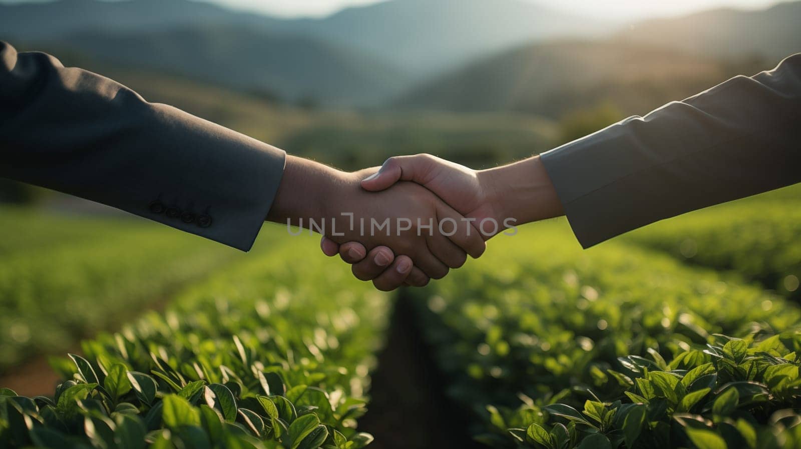 Handshake of two men in business suits against the background of tea plantations by Zakharova
