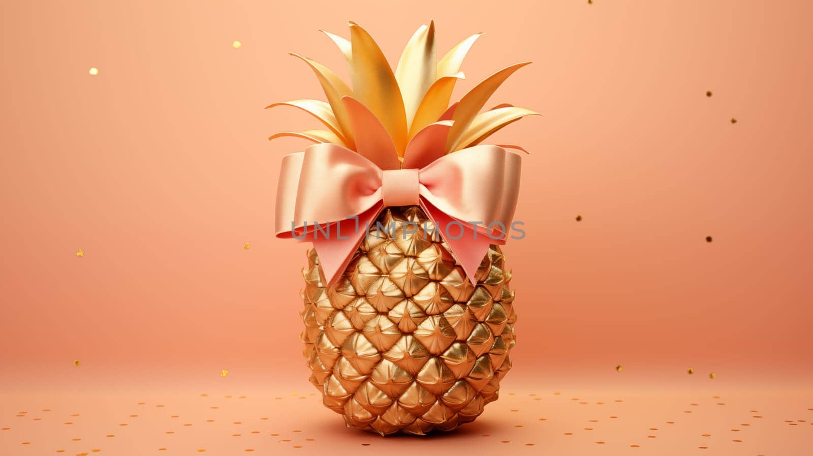 A golden pineapple with a pink bow is depicted on a peach background, golden confetti is scattered on the background.