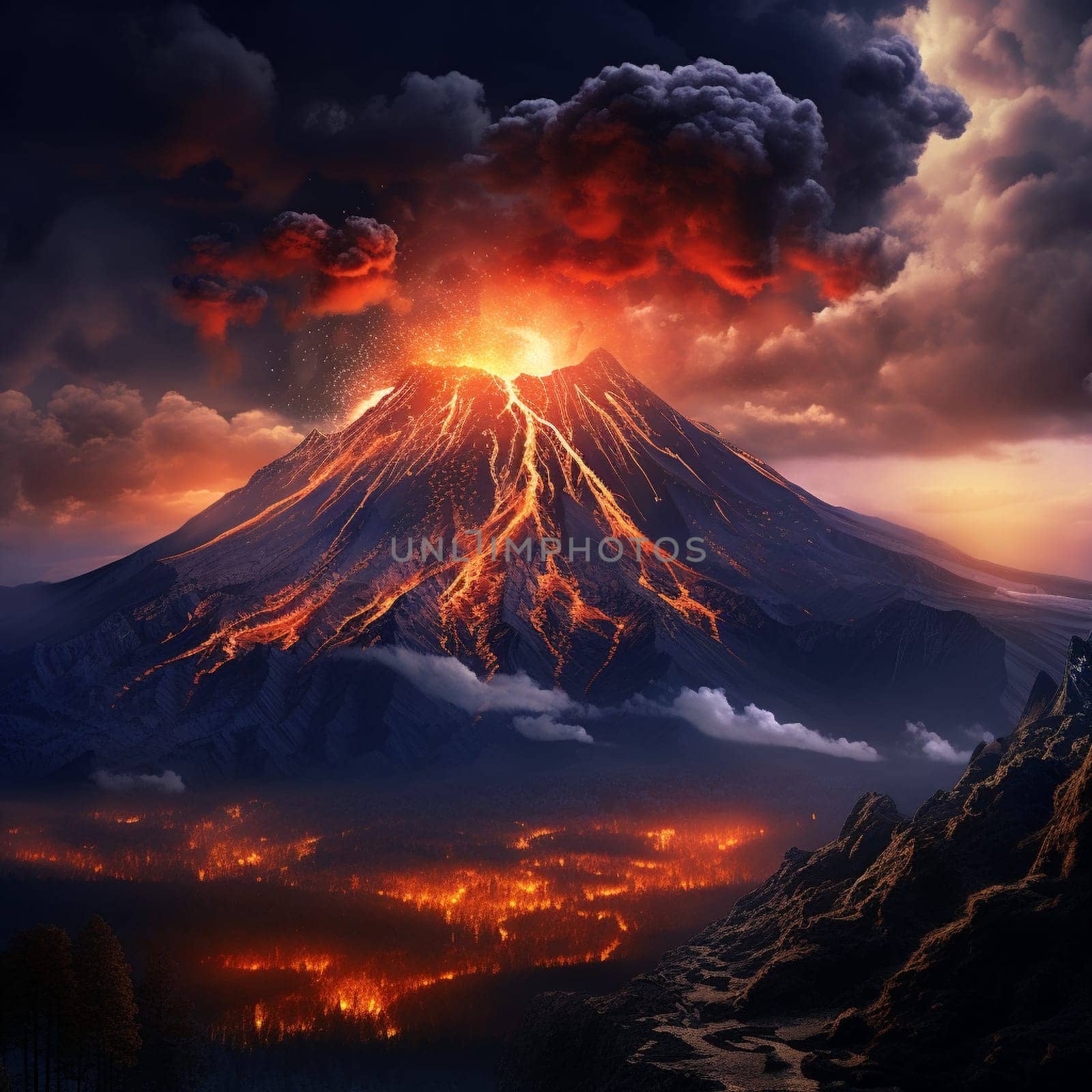 Experience the awe-inspiring beauty of nature with 'Magma's Serenade.' This mesmerizing image depicts a volcanic eruption at twilight, where molten lava gracefully flows down a mountainside, creating an ethereal glow that illuminates the surrounding landscape. The scene epitomizes a delicate harmony between the explosive power of nature and the serene beauty of the moment. Witness glowing ember-like sparks dancing in the air, wisps of smoke gracefully rising, and a star-studded night sky providing a striking backdrop, evoking a range of emotions in viewers. The vibrant and slightly surreal art style captures the scene's splendor, effortlessly captivating all who lay their eyes upon it.