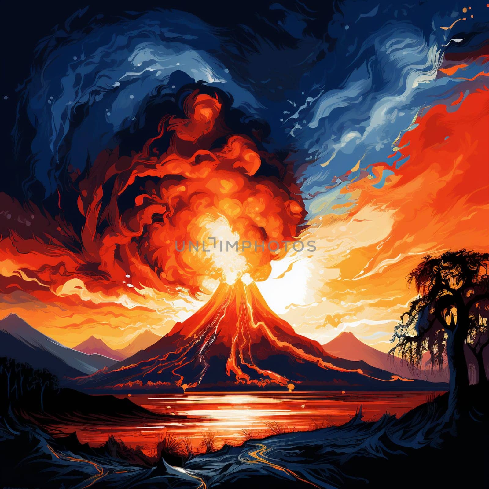 Experience the captivating power of nature with this vibrant and dynamic artwork featuring a flaming tornado erupting from a volcano. This stunning image is suitable for microstock sites and will surely catch the eye of viewers looking for bold and captivating visuals.