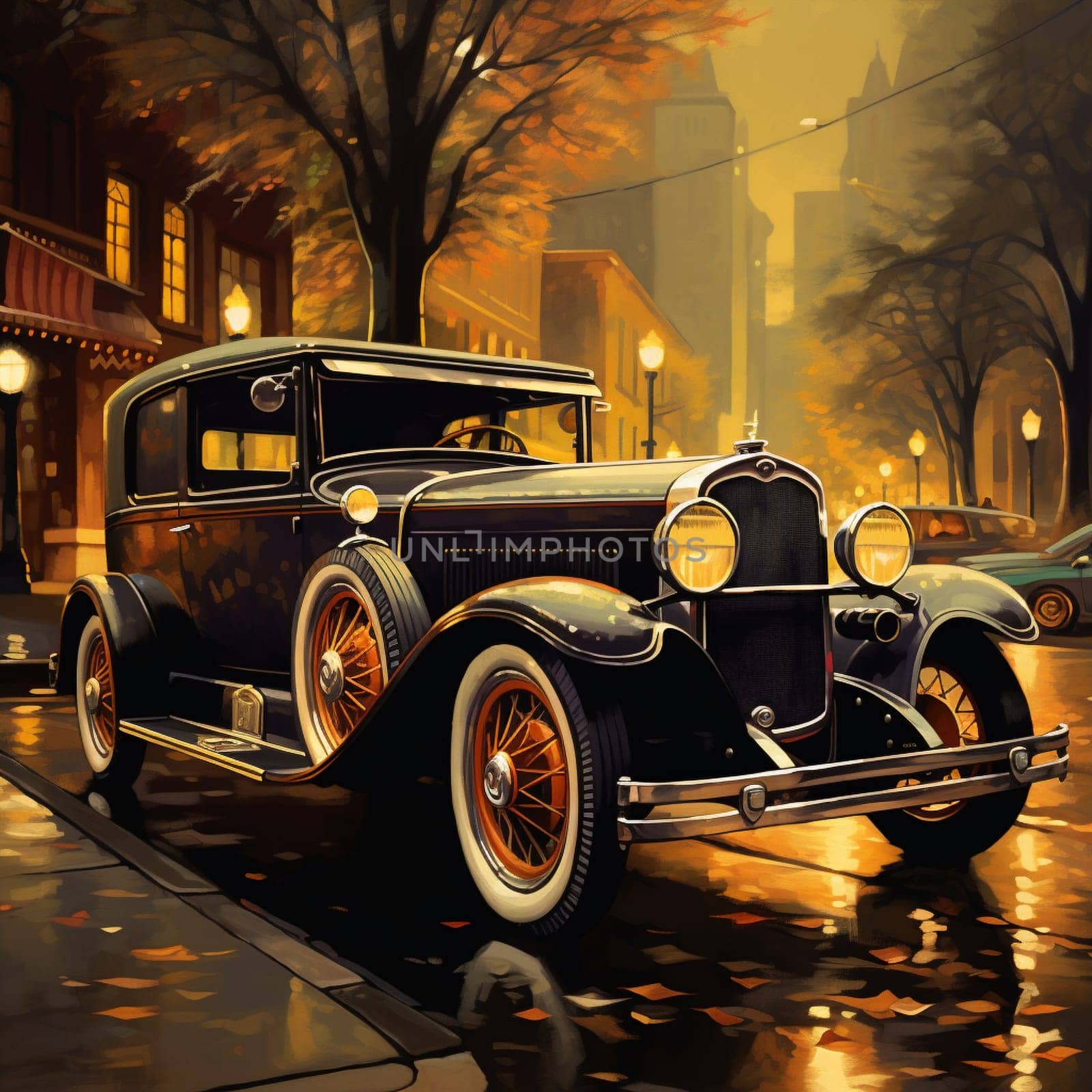 Embark on a journey through time with this captivating image of a vintage car cruising down memory lane. Capturing the essence of a bygone era, this image transports you back in time to an era of elegance and nostalgia. The art style of the image resembles an oil painting, with warm, nostalgic tones that evoke feelings of sentimentality and appreciation for the past.