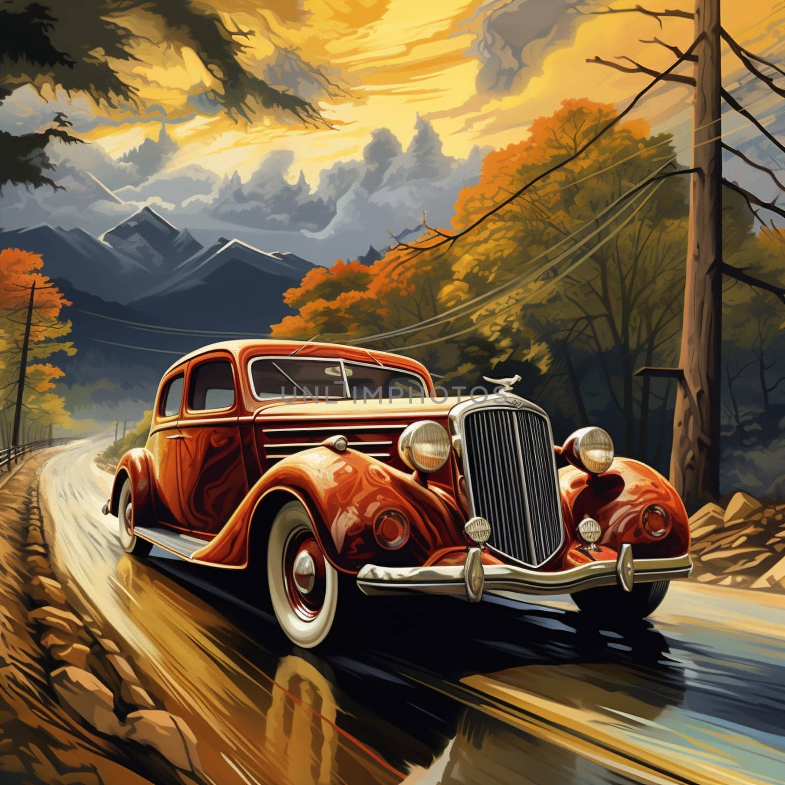 Embark on a journey through time with this captivating image of a vintage car cruising down memory lane. Capturing the essence of a bygone era, this image transports you back in time to an era of elegance and nostalgia. The art style of the image resembles an oil painting, with warm, nostalgic tones that evoke feelings of sentimentality and appreciation for the past.